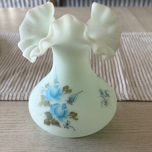 Fenton Ruffled Milk Glass Vase with Blue Rose Motif